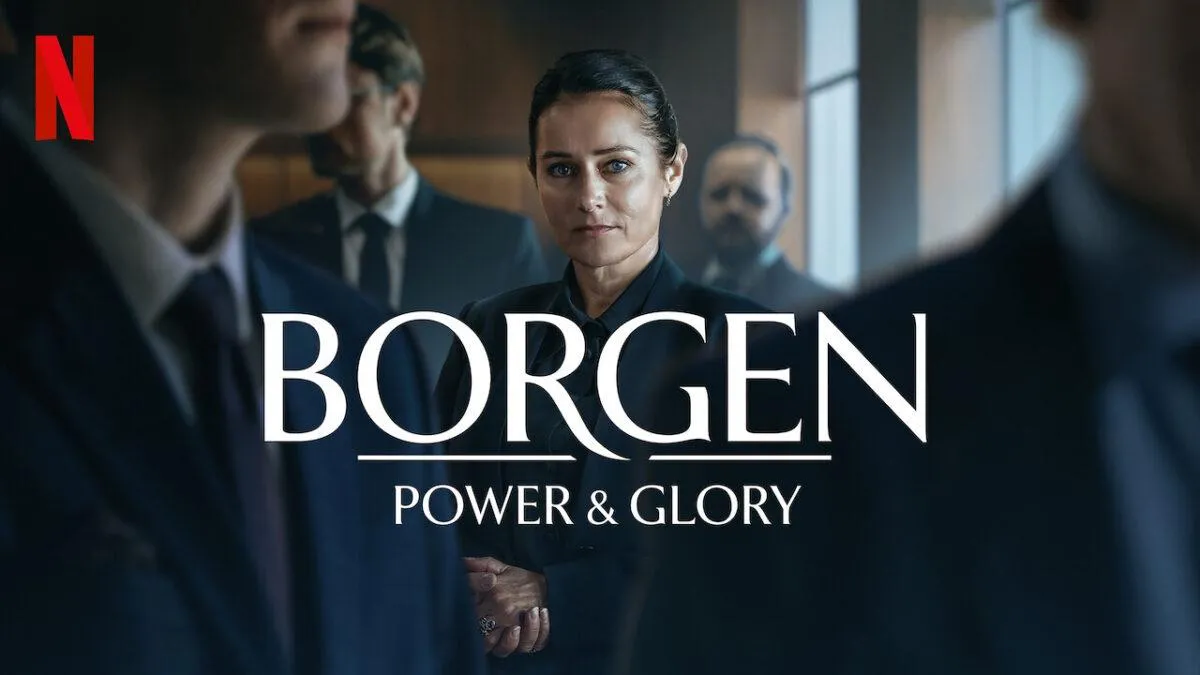 Cartaz da nova temporada de Borgen. A atriz principal está no centro da imagem.