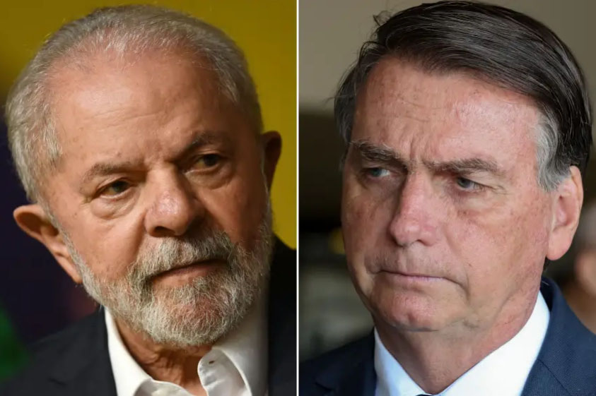 Imagem dividida dos dois candidatos que vão ao segundo turno. Lula, à esquerda da imagem, e Bolsonaro à direita.