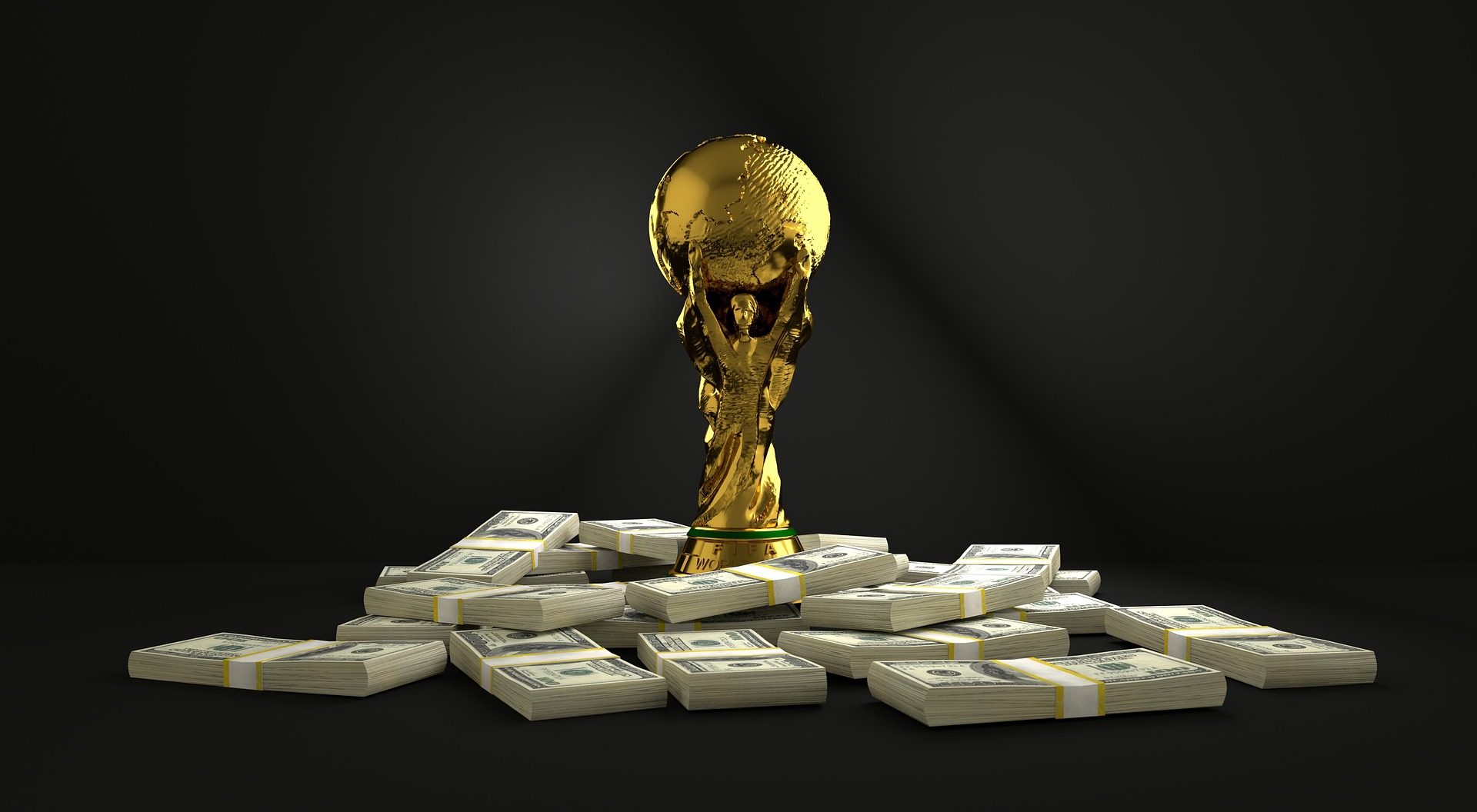 Taça da copa do mundo da Fifa rodeada por dólares.